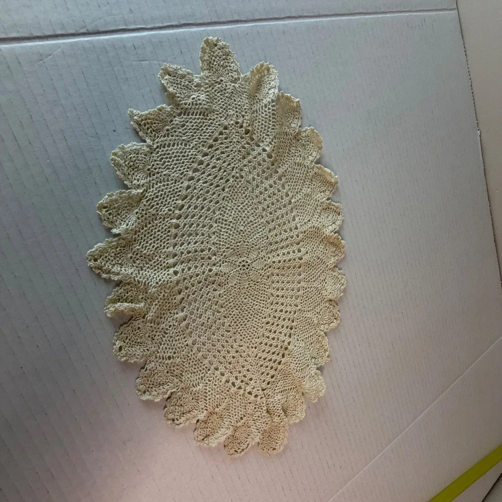 Vintage Beige Crochet Doilie Oval Victorian Lace Floral Cottagecore Centerpiece